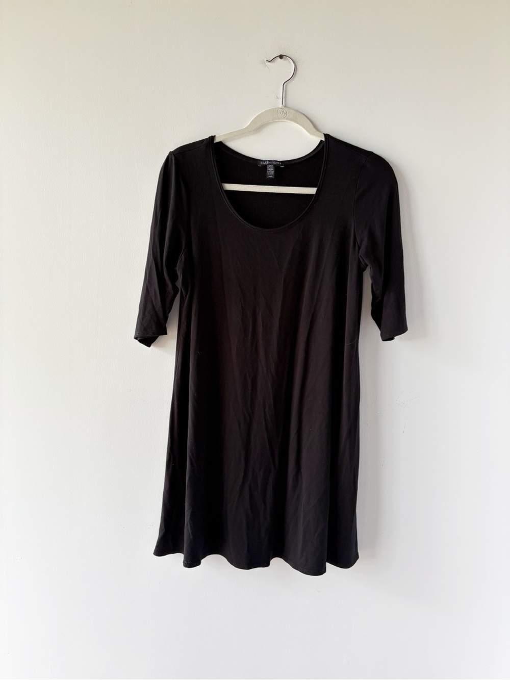 Eileen Fisher Black Jersey Knit Scoop Neck Tunic Dress Elbow Length Sleeve M
